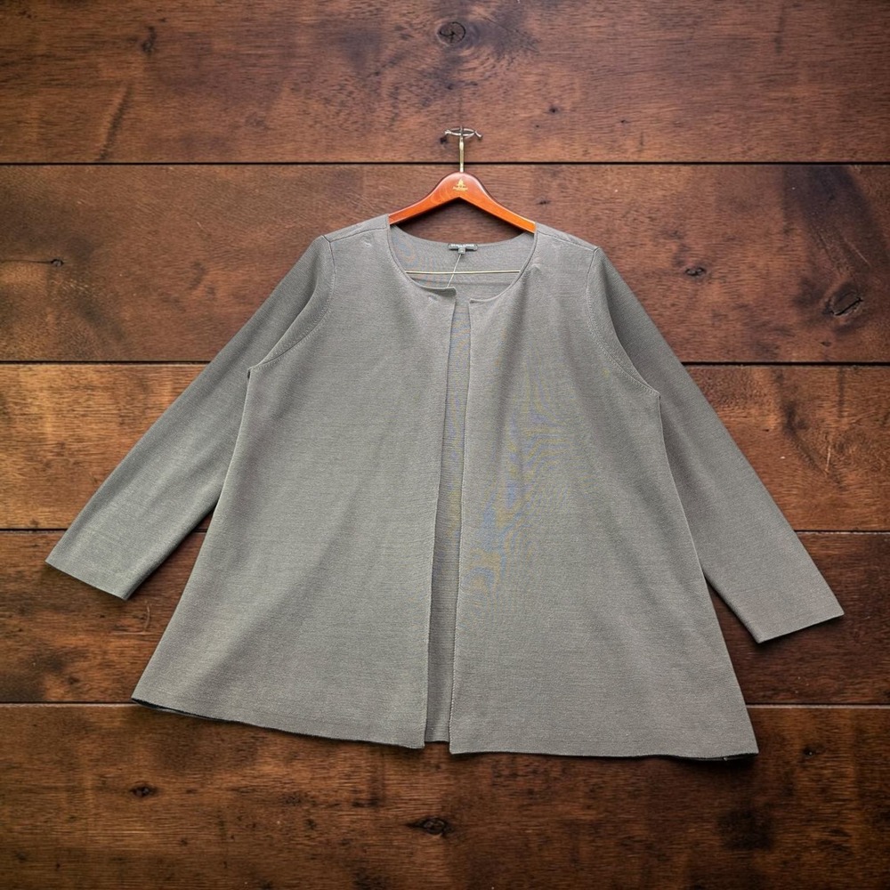 NEW Eileen Fisher Woman 3X Silk Cotton Interlock Crewneck Cardigan Bark Grey